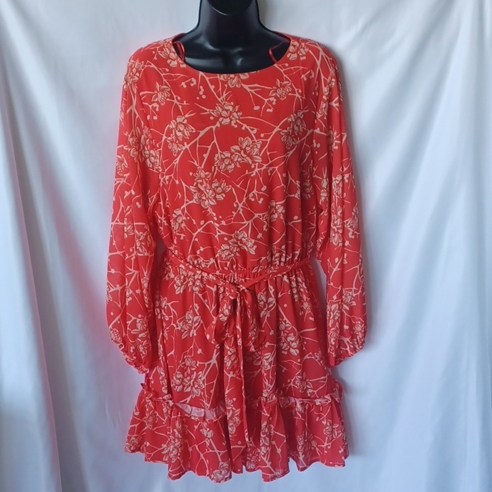 Flying Tomato Red Orange Floral Chiffon Blouson Long Sleeve Dress Womens Large